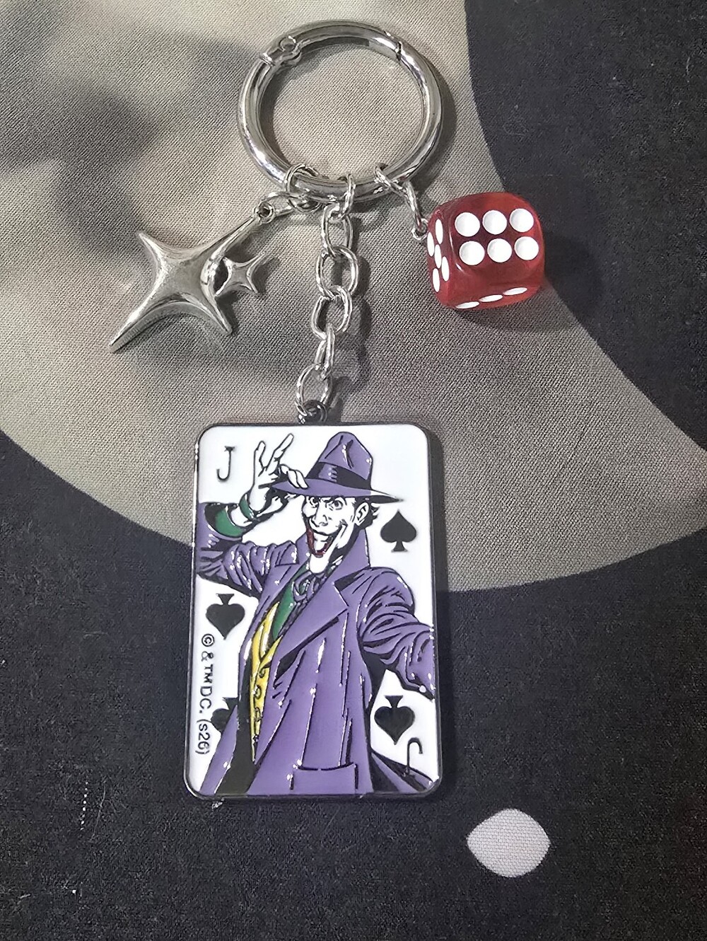 The Joker Playing Card Enamel Keychain with Red Dice Charm